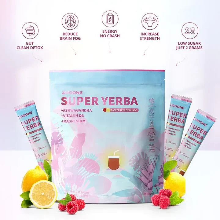ZOOONE Super Yerba | Yerba Mate Instant Tea Powder | RASPBERRY LEMONADE Flavor | 30 Servings