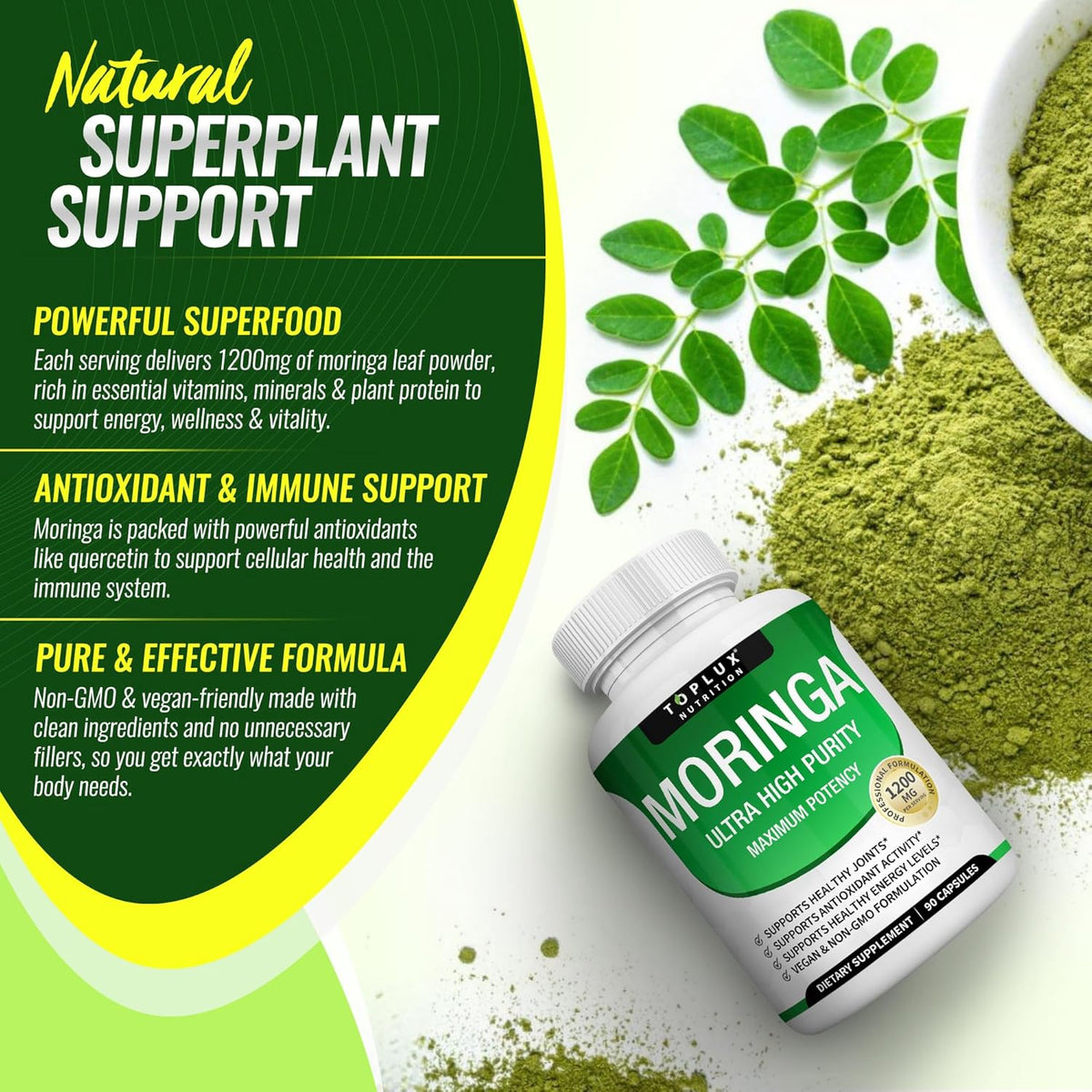 Moringa Capsules 1200mg – Pure Oleifera Leaf Superfood for Immune & Skin Health | Vegan, Non-GMO | 90 Capsules