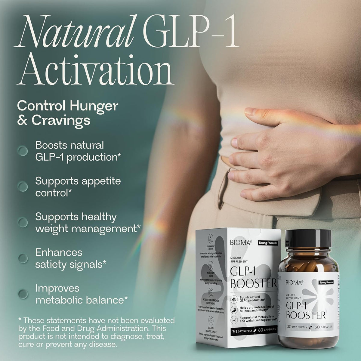 BIOMA GLP-1 Booster - Natural Appetite Control Supplement with Clinically Proven Probiotics, Prebiotics & Postbiotics - Support Weight Management & Satiety, (60 Capsules - 30 Day Supply)