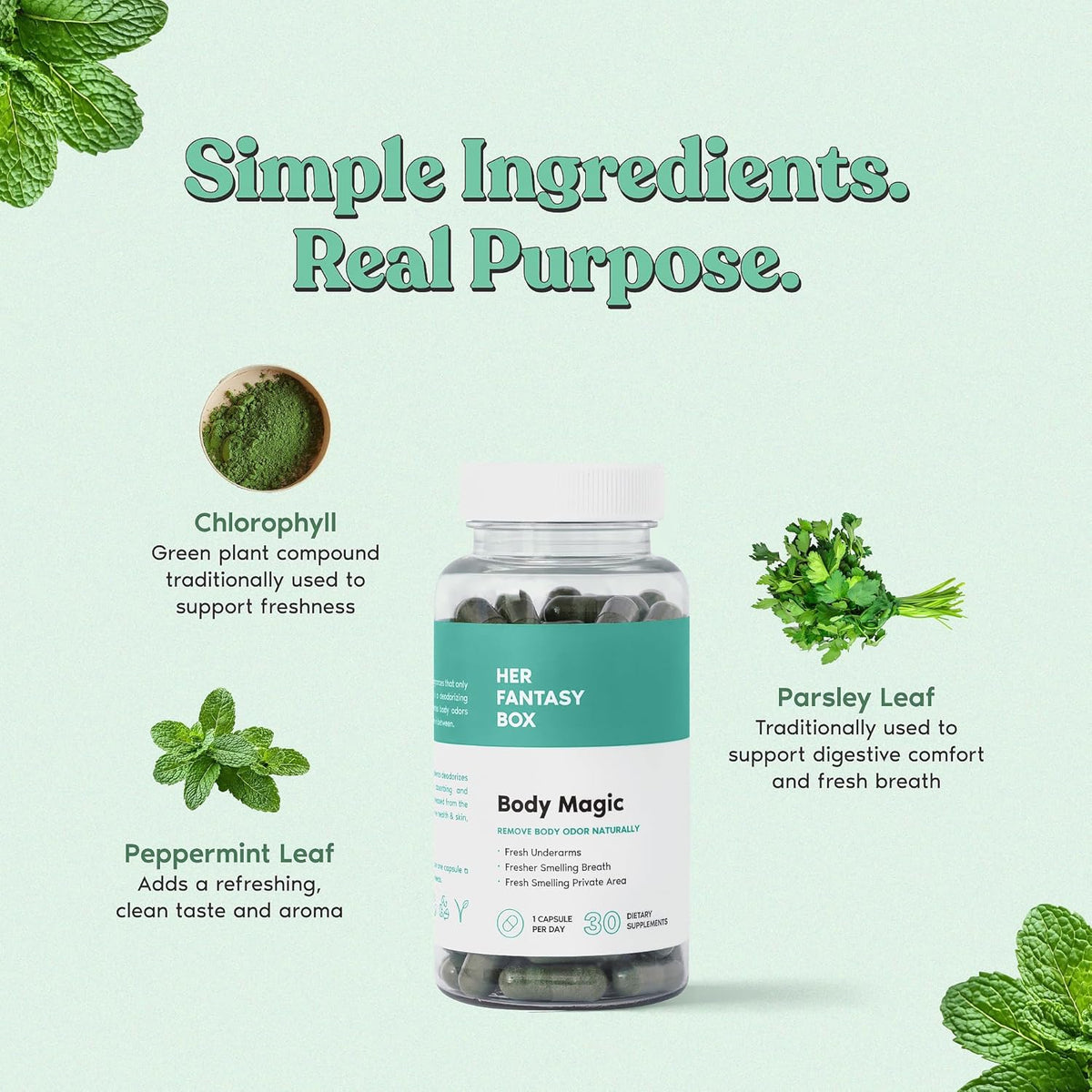 Body Magic Chlorophyll Capsules – Vegan Detox, Digestion & Gut Health Support, Skin & Oily Skin Care – 30 Count