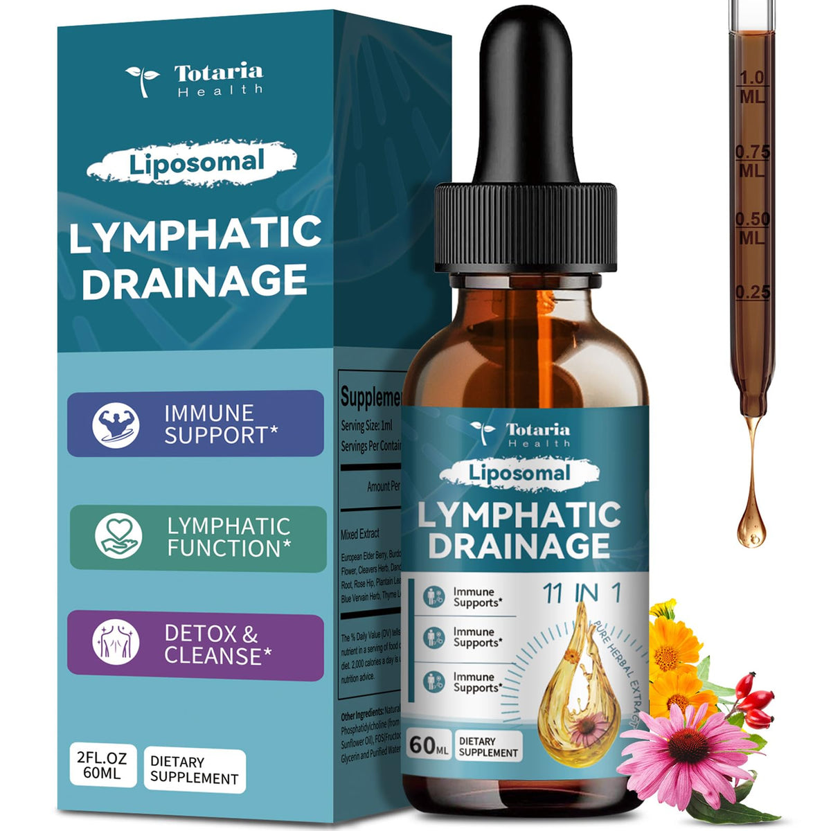 Liposomal Lymphatic Drainage Drops - 11 In 1 Organic Lymphatic Drainage Supplement with Burdock Root, Echinacea, Elderberry, Calendula, Cleavers Herb, Dandelion Supports Lymphatic Health 2 FL.OZ